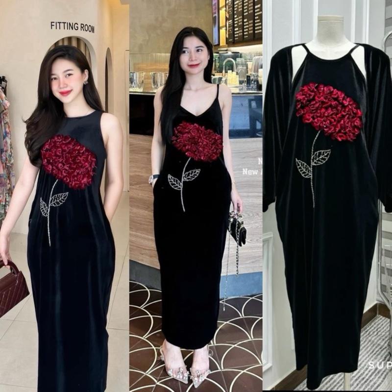 Váy Nhung Đính Kết Hoa Cẩm Tú Cầu ĐỎ