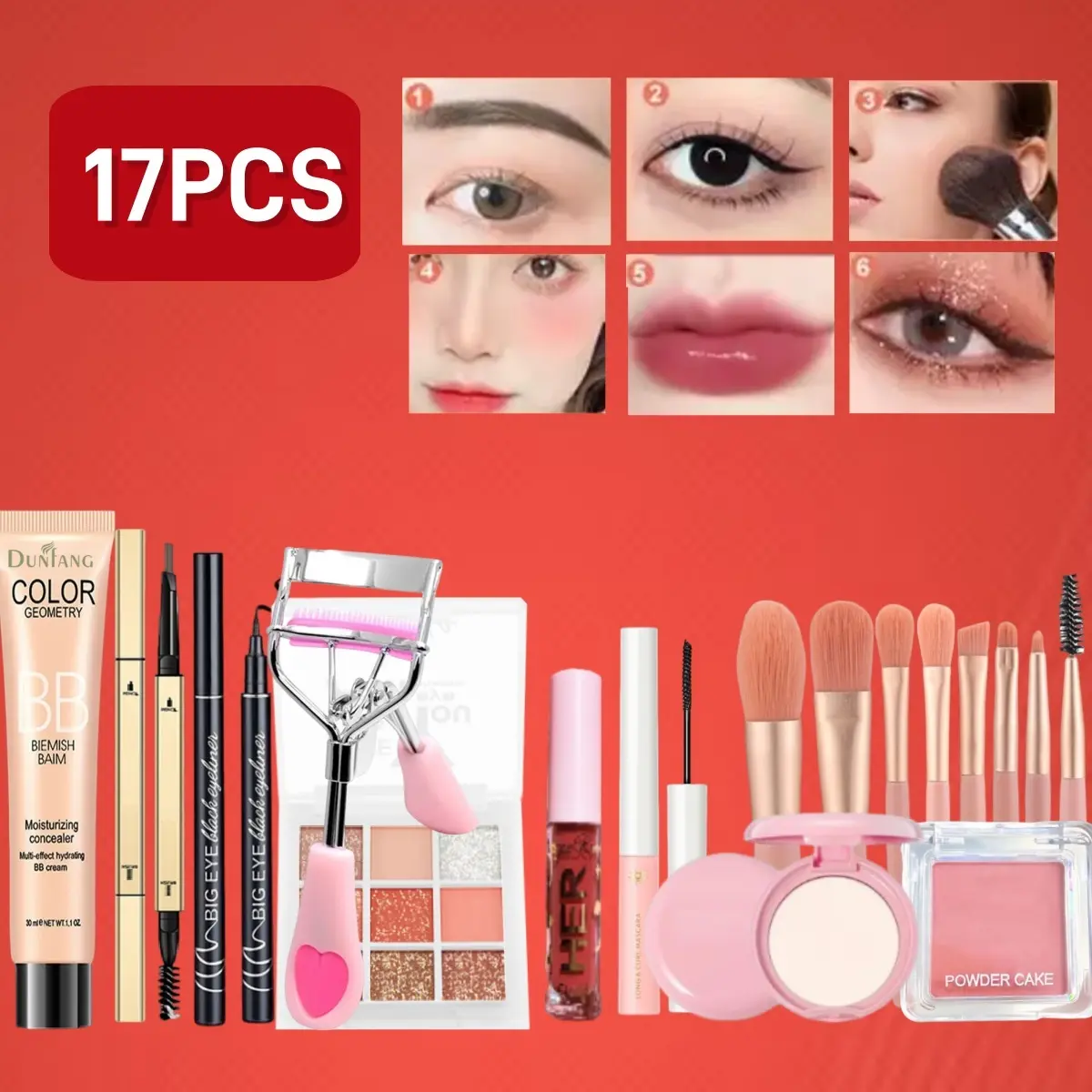 17pcs Makeup Set Cosmetic Kit BB Cream+Eyeshadow Palette+Powder+Blush+Mascara+Eyeliner+Eyebrow pencil+Lipstick Oil Control Waterproof Face