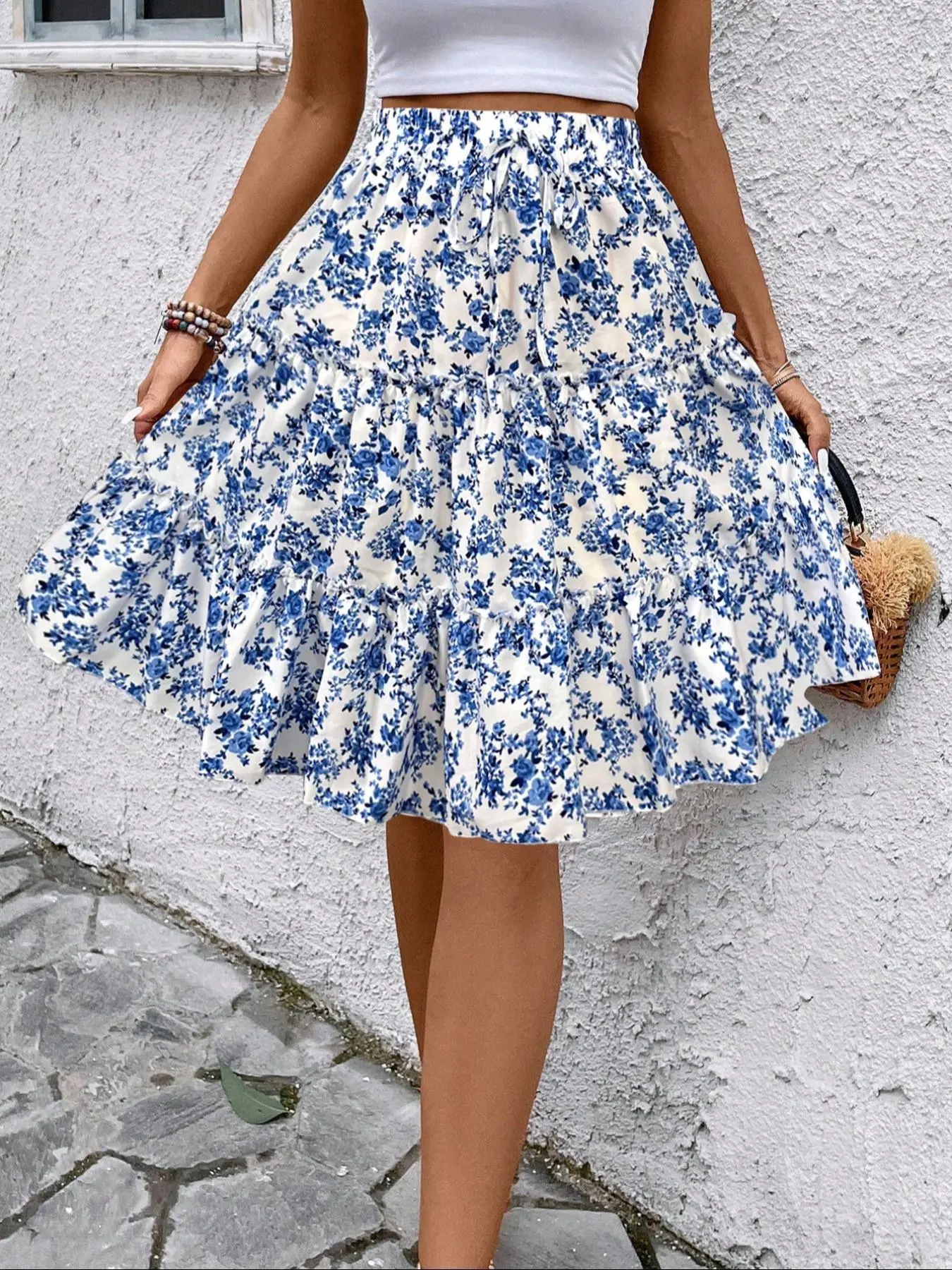 Women's Ditsy Floral Print Frill Trim Skirt, Elegant Fashion Casual A Line Skirt for Daily Outdoor Wear, Ladies Bottoms for Summer