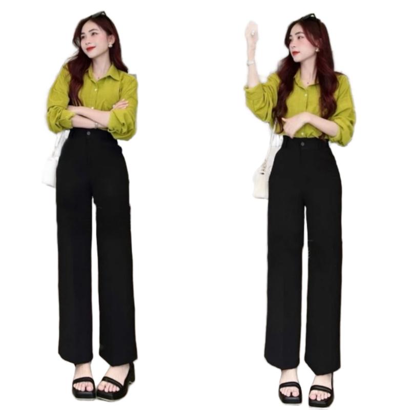 Quần tây ống suông nữ cạp cao dáng dài quần tây đen chất vải tuyết mưa vải dày lưng cao ống rộng Women Ong Pants