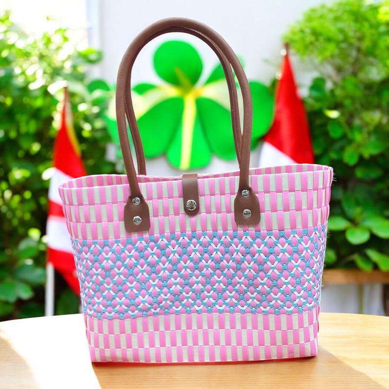 Giỏ Đan Nhựa Lưới Tâm Đại,Giỏ Đan Tay, Túi Xách Đan Thủ Công Handmade,Làn Nhựa Đi Chợ, Phối Với Áo Dài, Đầm Đi Biển Chụp 9