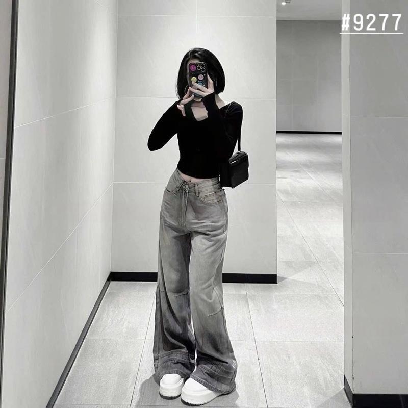 Lynk Nhi • Quần Jeans Xuông Dài 104cm Màu Khói Giả Nhăn Chất ( Hàng QCCC)#9277  ống rộng 33cm Nữ Women Pants 2
