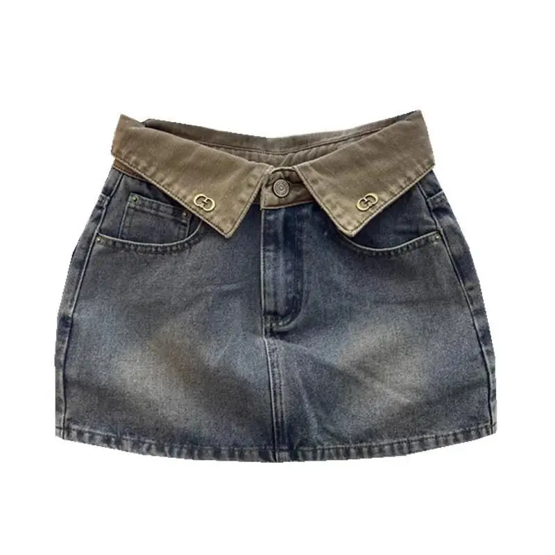 Chân Váy Denim, Thời Trang Cổ Điển Thiết Kế Cạp Cao Màu Tương Phản Lật, Chân Váy Chữ A Cô Gái Nóng Bỏng Dễ Phối Đồ