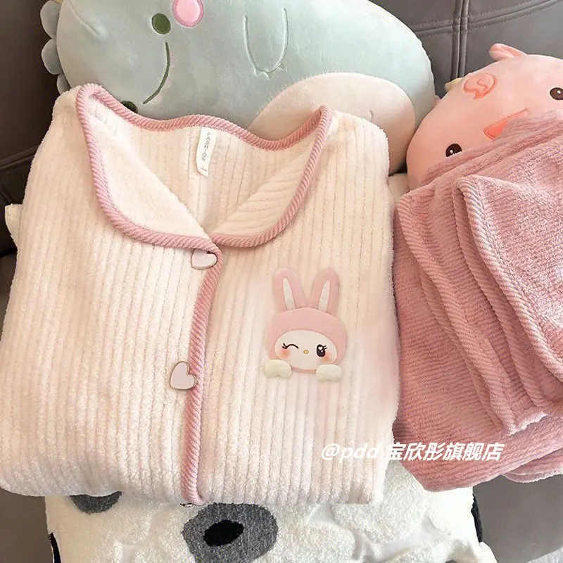 Bộ Đồ Ngủ, Phong Cách Ngọt Ngào Dành Cho Nữ, Hàng Mới Về Mùa Thu Và Mùa Đông, Làm Bằng vải nỉ Thiết Kế Hoạt Hình Dễ Thương, Lót Lông Cừu Nhỏ Ấm Áp, Đồ Mặc Ở Nhà, Bộ Quà Tặng Lý Tưởng Làm Quà Tặng