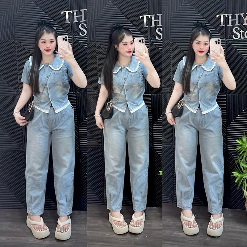 (48-58kg) BỘ JEAN áo smi tay ngắn tay may ren. quần jean baggy lưng cao Top Women Nữ
