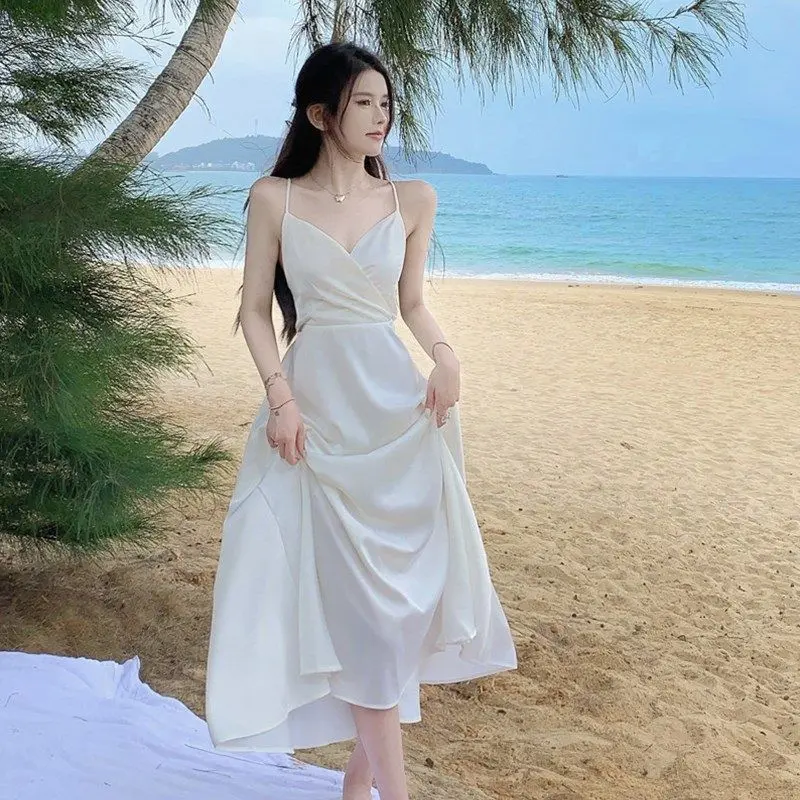 Váy Đi Biển Sanya, Phong Cách Thường Ngày Váy Hai Dây, Hở Lưng, Dài Trung Bình, Dành Cho Phụ Nữ, Váy Ngày Lễ Bờ Biển Đầu Mùa Xuân