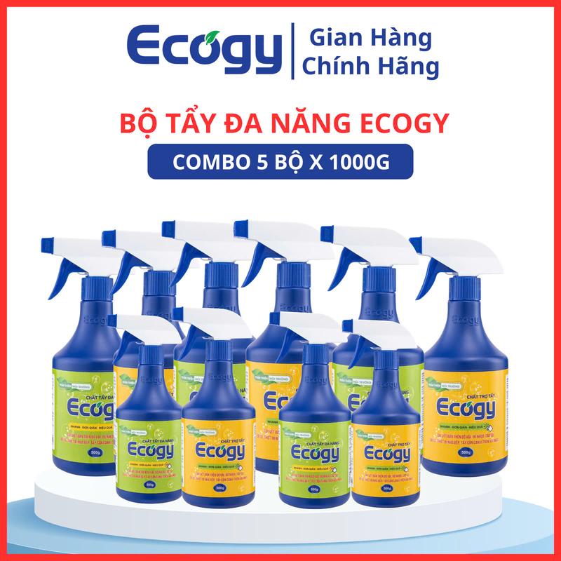 [ECOGY]; COMBO 5 BỘ TẨY ĐA NĂNG ECOGY 1000G/2 CHAI; Hỗ trợ làm sạch mốc, thâm kim, vết két mồ hôi, vết trà, cafe, đồ ăn bám trên quần áo; Làm sạch mốc trên cao su, sứ, nhựa, vòi sen, gạch men. Dạng nước, có vòi xịt