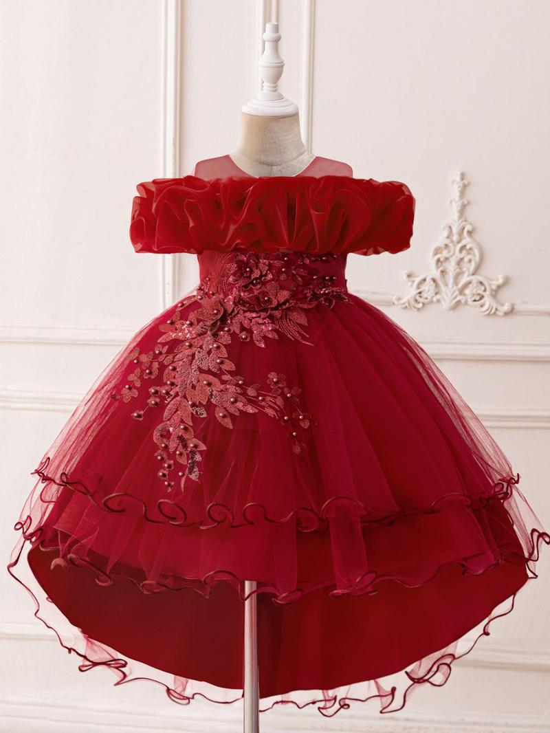 Product Introduction of Flower Girl Embroidery Sequin Decor Tulle Formal Dress, Elegant A-Line Dress for Party Wedding Guest, Kids Clothes for All Seasons 7