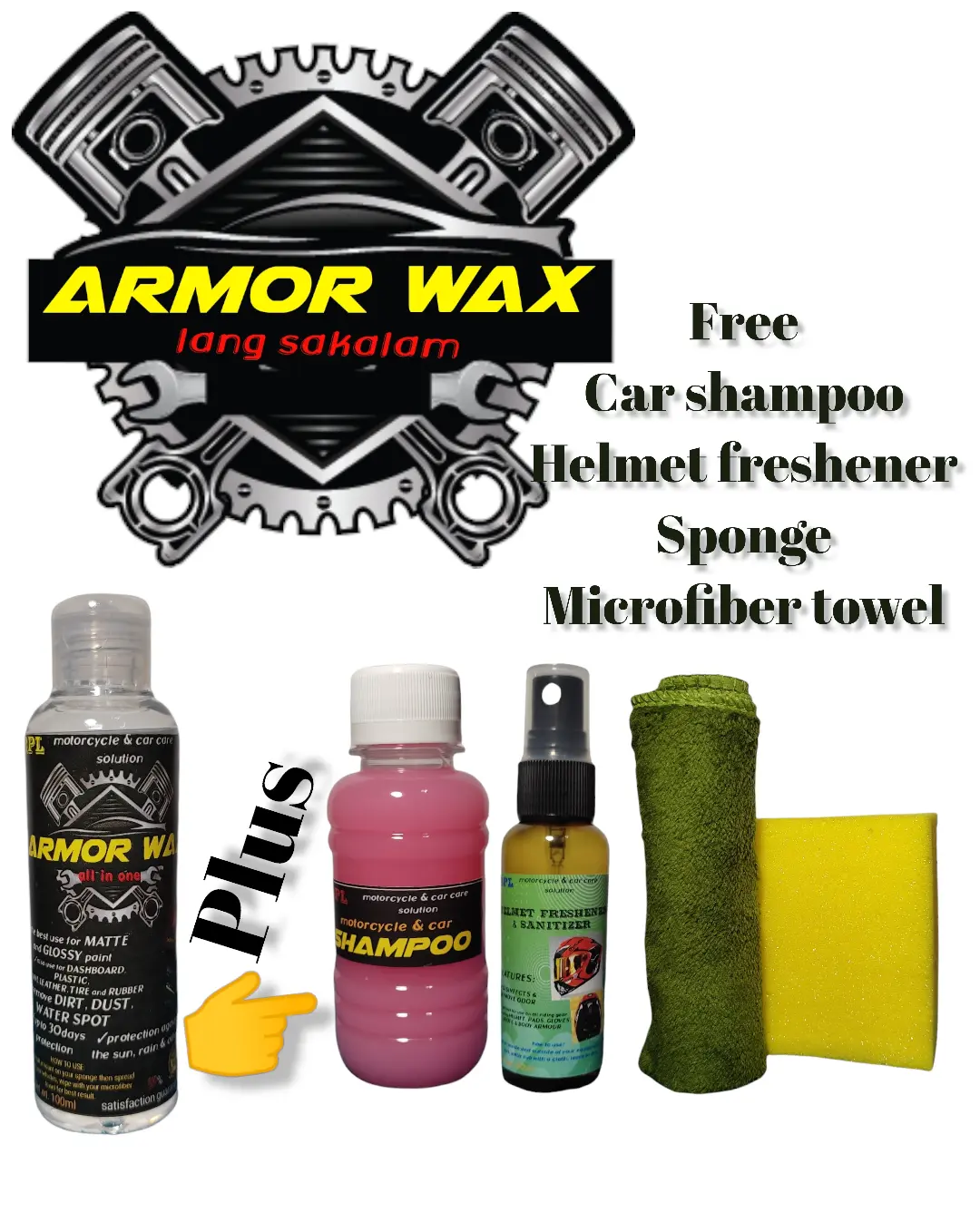 ARMOR WAX with HELMET FRESHENER, CAR SHAMPOO, SPONGE and MICROFIBER TOWEL
