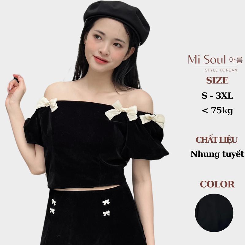 Áo Nhung Trễ Vai Dáng Croptop Đính Nơ Tay Bồng Bigsize Misoul Áo Nhung Hở Vai Đính Nơ 230 Top Nữ Women Đen Women Đen