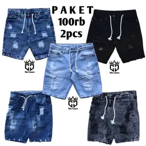 Paket 100rb an 2pcs celana pendek sobek Jeans Pria Santai Denim  Dewasa