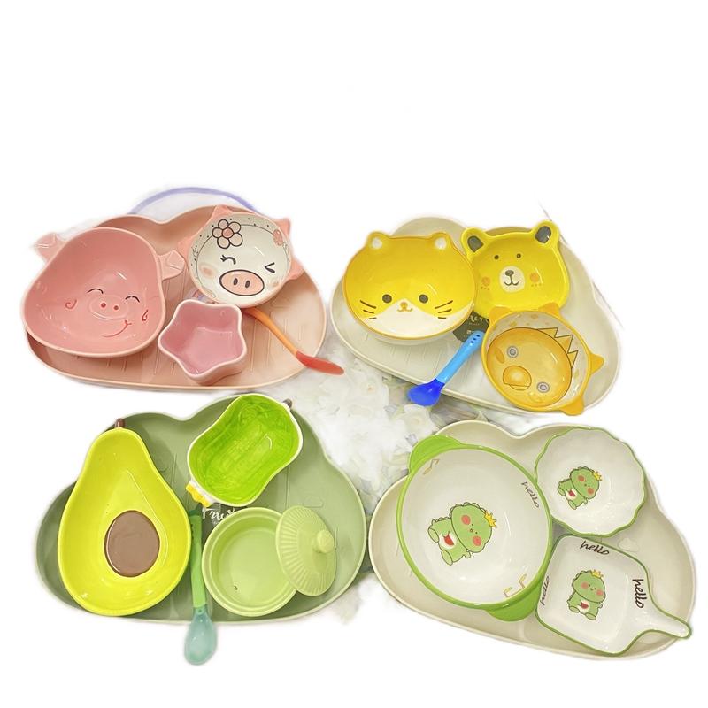 Bộ 3 bát sứ ăn dặm cho bé kèm khay mây và muỗng silicon báo nóng - Kem