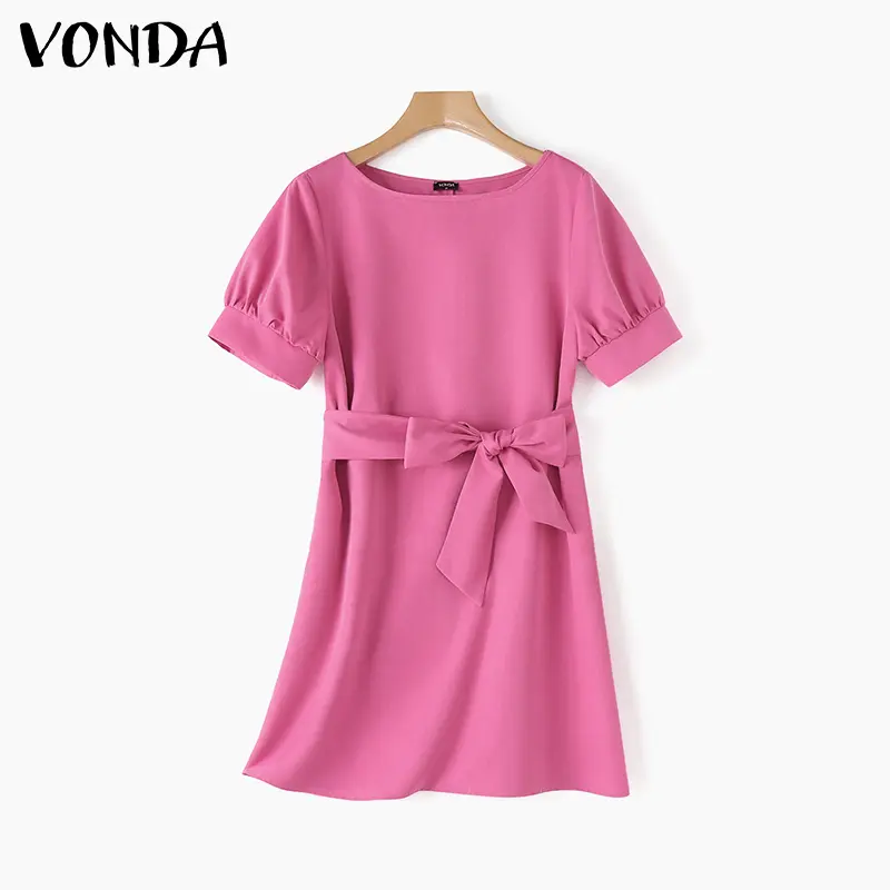 Váy Chữ A, VONDA, Phong Cách Ladylike Nữ, Cổ Tròn, Buộc Dây, Tay Phồng, Màu Trơn Váy Mini, Thiết Kế Hoa Hàn Quốc 4