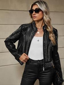 Women's Rivet Decor Stand Collar PU Jacket, Valentine's Day Retro Pocket Long Sleeve Zip Up Outerwear, Gift, Ladies Clothes for Daily Streetwear