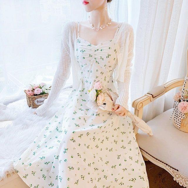 Váy Mùa Hè, Hàng Mới Về 2024, Váy Hai Dây Tiệc Trà Hoa Kiểu Pháp, Áo Cardigan Chống Nắng, Bộ Hai Mảnh Siêu Thanh Lịch 1