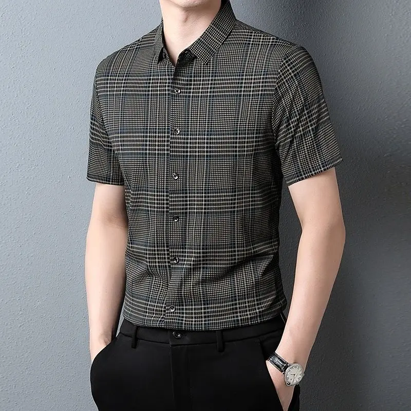 Áo Sơ Mi Ngắn Tay Cao Cấp, Họa Tiết Kẻ Sọc Sợi Xiangyun, Dành Cho Nam Giới, Thích Hợp Cho Công Sở Mùa Hè, Mỏng Và Không Đường May, Không Sắt, Phong Cách Thường Ngày Màu Bạc Hà Mambo 4