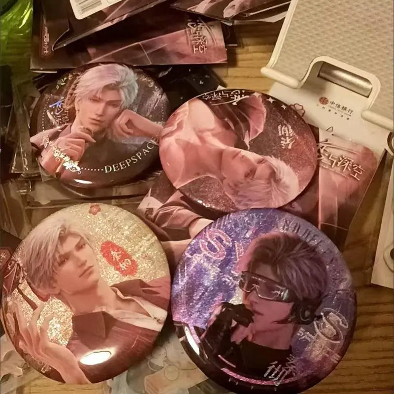 10Pcs/Box New Game Love and Deepspace Laser card  Xavier Zayne Rafayel ralayo Sylus Qin Che Shen Xinghui Li Shen Qi Yu Cosplay Badge 75mm Pin Tinplate Brooch Accessories Prop