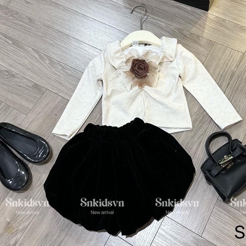  SET ÁO LEN LÔNG THỎ ĐÍNH HOA TRÀ KÈM QUẦN NHUNG DÁNG BOM sang chảnh bé gái 8-30kg-3 mầu 