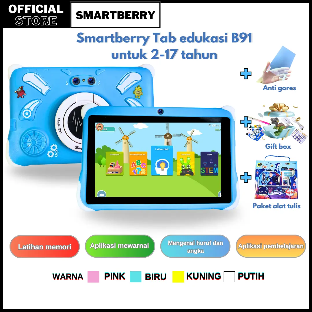 SMARTBERRY SMART2030 KIDS STUDY TAB B91 Kids Tablet / Tablet Anak / Tablet Edukasi / Tablet 7 Inch / Tablet PC / Tablet Android / 4/128 GB / Kids Gift / Hadiah Anak / Rekomendasi Hadiah / Zoom / WhatsApp / Play Store / 2 Camera