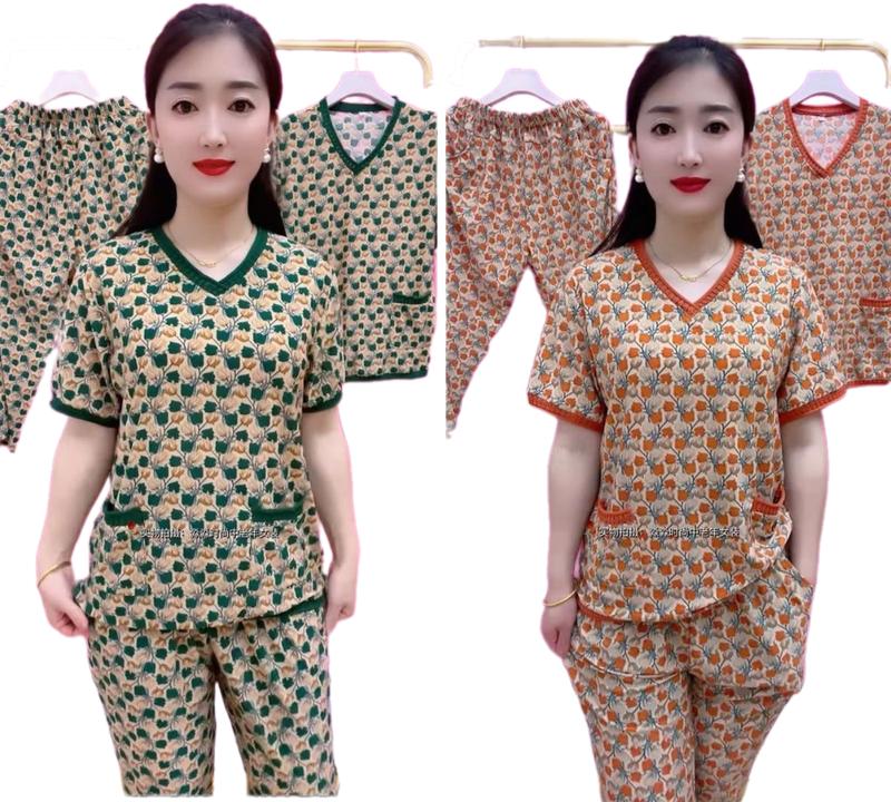 Bộ Đồ Trung Niên cho mẹ CỔ TIM, họa tiết HOA quần dài ,tay Cộc Chất thun Aty mặc mát ,co giãn 4 chiều dễ chịu Women Ong Áo Top 2