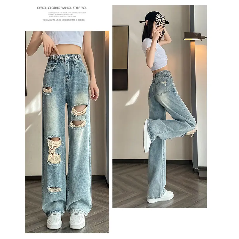 Chaohes popular women jeans adjustable waist hole ripped jeans