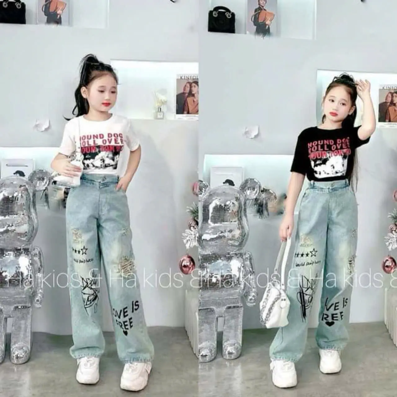Bộ quần jeans áo phông size đại bé gái size 16-50kg.