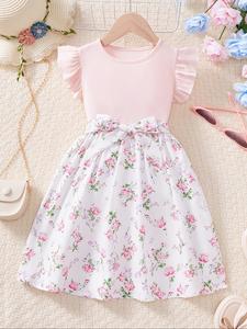 Girl's Floral Print Bow Decor Dress, Elegant Fashion Casual Crew Neck Dress for Daily Outdoor Wear, Kids Clothing for Summer