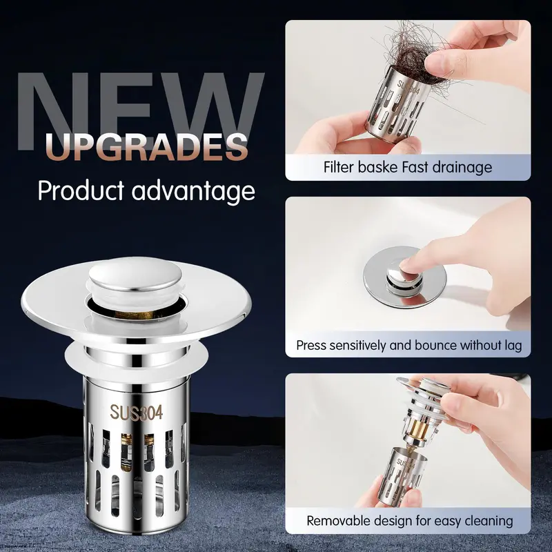 Stainless Steel Washbasin Drain Stopper, 1 Count Press Type Sink Plug, Insect Proof and Anti Blocking Filter Screen, Bathroom Supplies 2