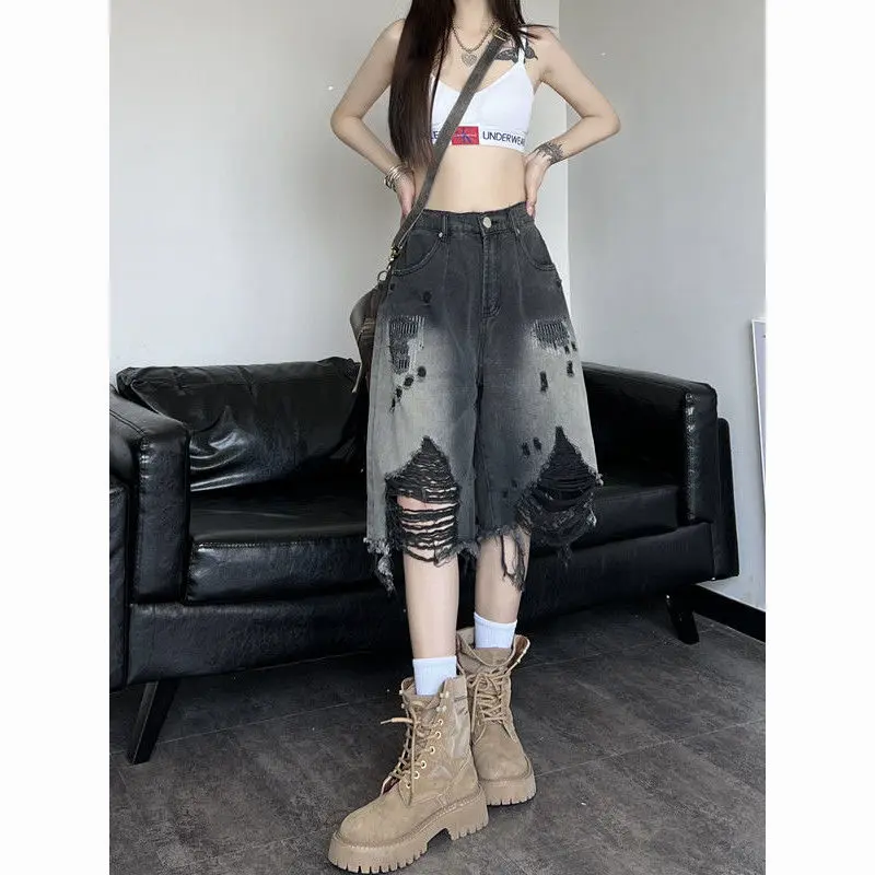 Quần Short Denim Rách, Phong Cách Hip Hop, Trang Phục Mùa Hè Cho Nữ, Hàng Mới Về, Thiết Kế Làm Cũ, Cắt Thẳng, Cạp Cao, Dáng Rộng Vừa Vặn, Mỏng Vừa Vặn, Quần Short Ống Rộng, Hợp Xu hướng Pants Women Jeans Baggy
