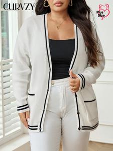 CURVZY Plus Size Solid Button Front Pocket Contrast Binding Cardigan, Elegant Drop Shoulder Long Sleeve V Neck Cardigan, Women's Fall & Winter Knit Clothing for Daily Wear