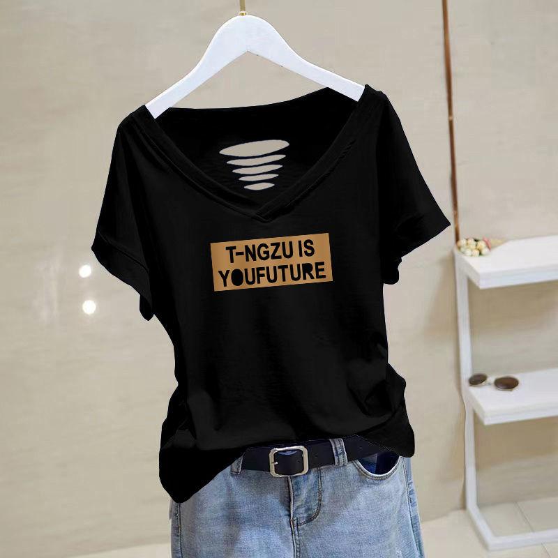  Áo Phông Đen 100% Cotton ngắn Tay Áo Dáng Ôm Cổ Chữ V Dành Cho Nữ Bộ Đồ Mùa Hè Ins 2023 Áo Phông Rách Chữ 