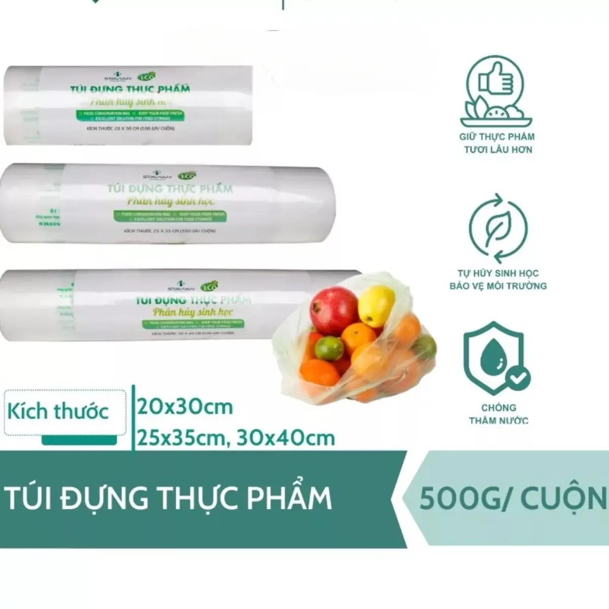 Túi Đựng Thực Phẩm Tự Phân Huỷ Sinh Học  Cuộn 500g
