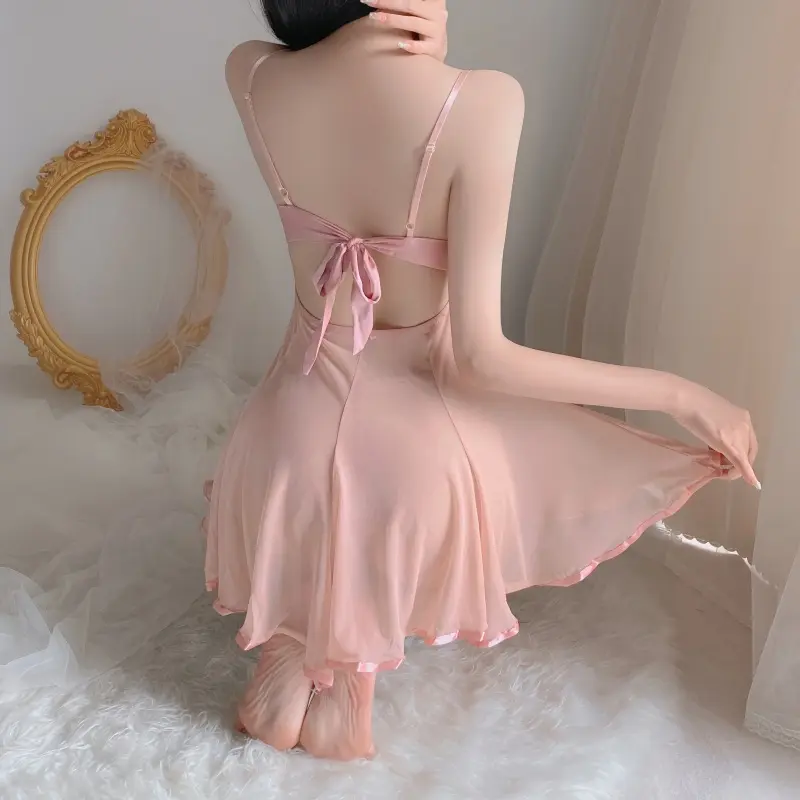 V16 Váy ngủ công chúa ren xuyên thấu thắt nơ sau đầm hai dây đẹp sang trọng, kèm quần – Hshine Nữ Đầm Ngủ