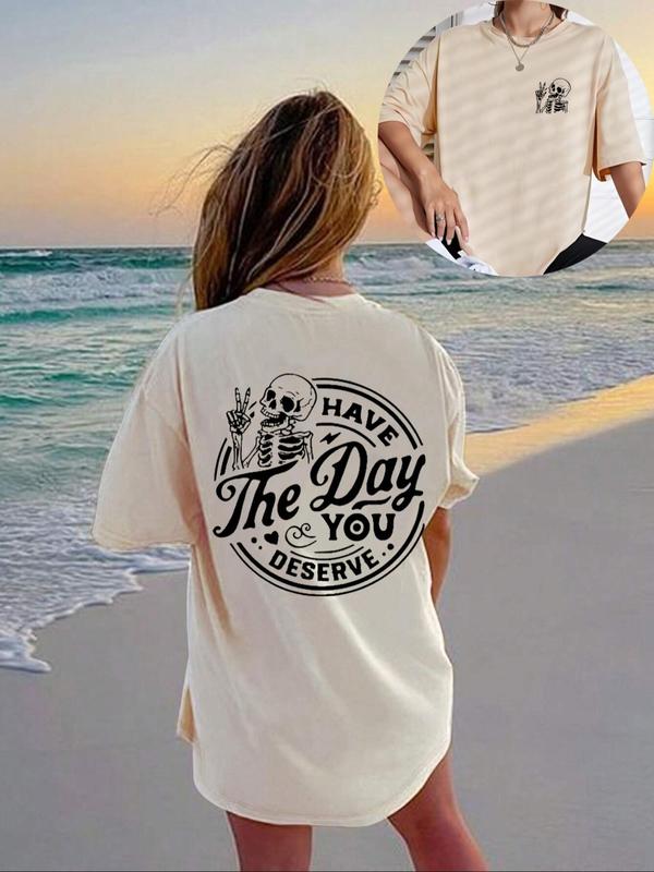 Women's Streetwear Letter & Skeleton Print Drop Shoulder Tee, Casual Half Sleeve Round Neck T-shirt for Daily Wear, Ladies Clothes for All Seasons, Tshirt 2