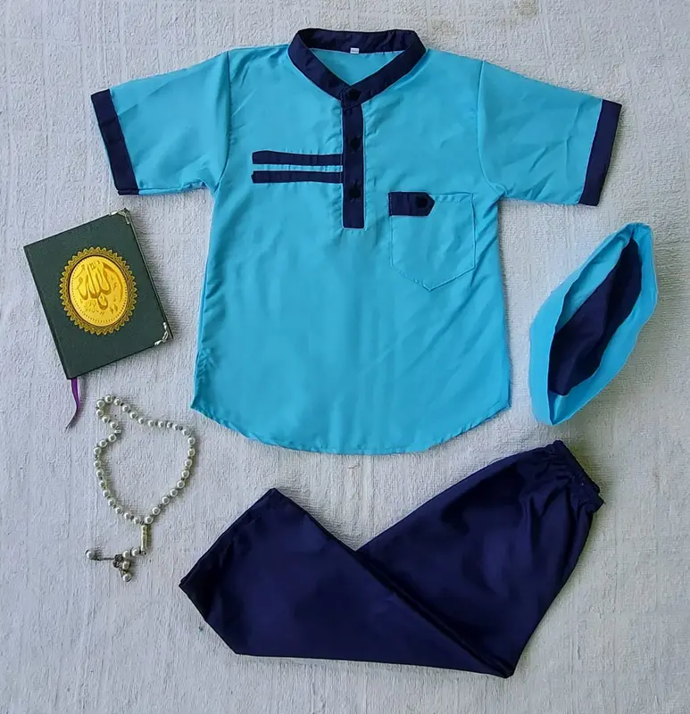 setelan baju koko anak laki-laki lengan pendek Katun Polos Kancing Muslim Peci Turki Kurta Nyaman 2