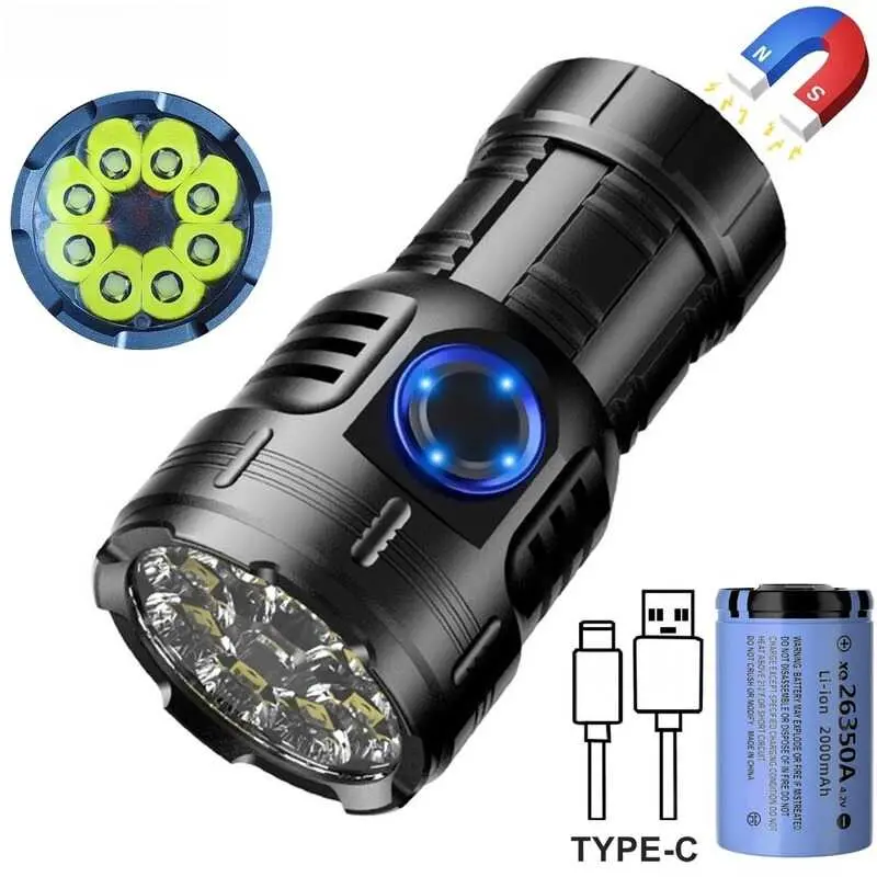 Đèn Pin Cầm Tay 8xLed, Thiết Kế Lòng Bàn Tay, Độ Sáng Cao, Sạc USB, Đèn Lung Linh Màu Đỏ, Đèn Pin, Thích Hợp Cho Hoạt Động Ngoài Trời, Bỏ Túi Và Đi Bộ Đường Dài, Có Nam Châm, Thích Hợp Cho Công Việc Và Sửa Chữa Ô Tô, 26350