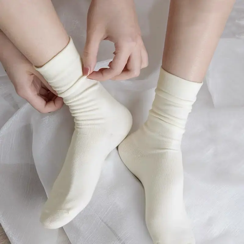Tất Cổ Cao Nữ，Vớ cotton Cổ Cao Nữ Hàn Quốc Gân Trơn Nhiều Màu Kem Trắng Đen TATNU09 2