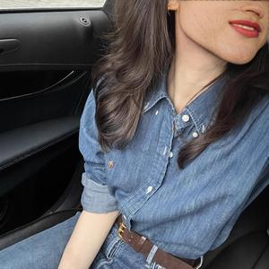 Bộ Áo Sơ Mi Jean Thêu Ngựa Nhiều Màu Cho Nữ, Tay Dài, Cổ Polo, Phong Cách Cổ Điển Mỹ.Áo rộng có thể giặt được cho mùa xuân và mùa thu.