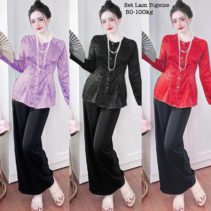 Set Bộ Đồ Lam Bà Ba Bigsize Nữ Pháp Phục Đi Lễ Chùa Tay Dài Vải Lụa Gấm Hoa Quần Dài Mango Cao Cấp Thanh Lịch Sang Trọng 50-95kg Áo Top Đồ Lam Pháp Phục Bigsize Women Tay Loe Nhung Ống Loe Dài Tay Đen Voi Ong - 2182