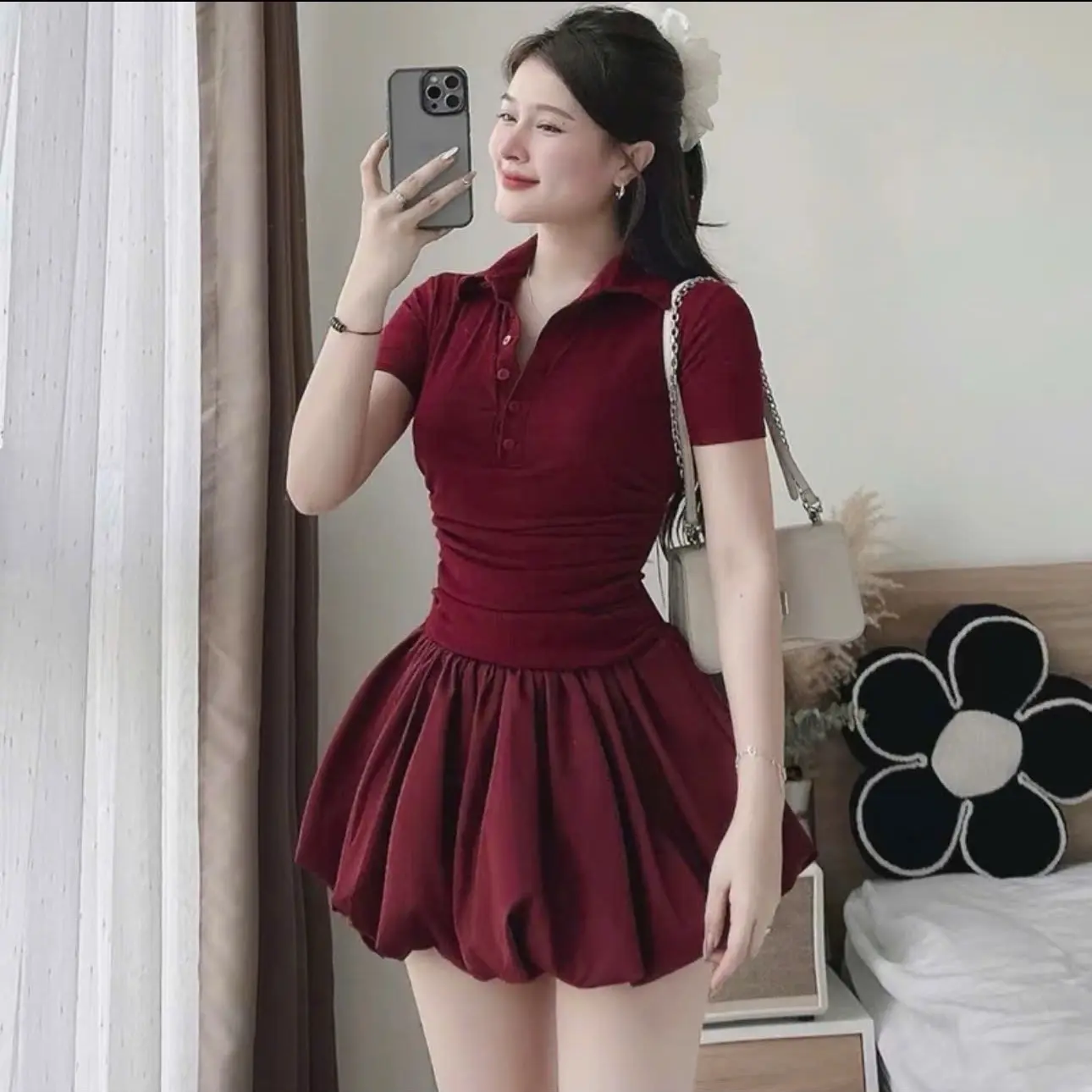 Váy Bí Nữ Thiết Kế , Váy PoLo Nhún Eo Siêu Xinh Chất Gân Phối CoTon Lạnh Thích Hợp Đi Chơi Dạo Phố Du Lịch