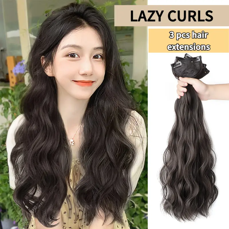 Fluffy sleek lazy curls hair extensions 3 pieces set wig multi-color options 55cm daily wear version style