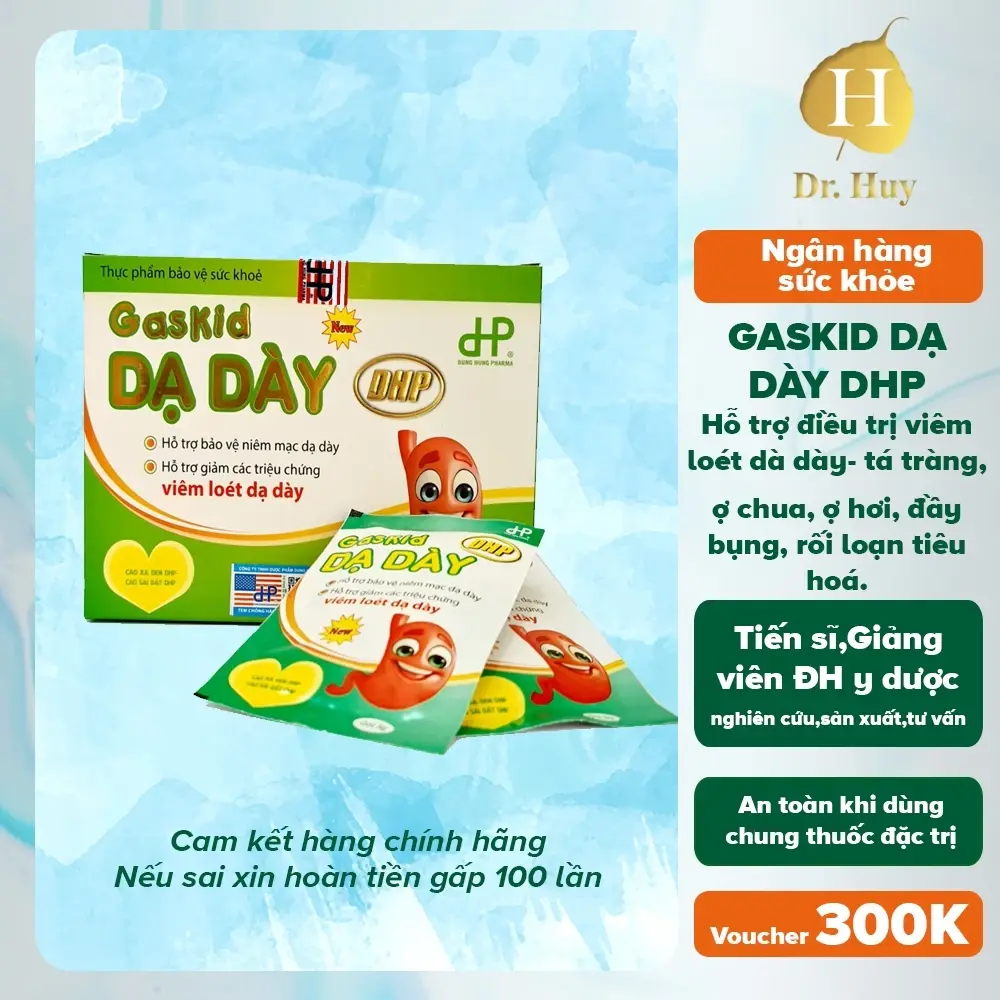GASKID DẠ DÀY Hỗ trợ ợ hơi, đầy bụng, rối loạn tiêu hoá.Hiệu quả nhanh chóng an toàn.Hộp 20 gói DRHUY