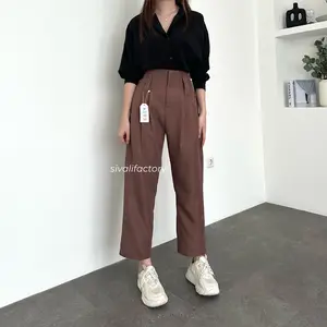 SIVALI Alexa Pants - Celana Ankle Wanita Panjang 7/8 Model Loose Bahan Jatuh Outfit Casual Formal Untuk Kerja Kantor Korean Style Fit for Petite Girls 3420 Twill Kulot Linen Hitam Kancing Crinkle Airflow
