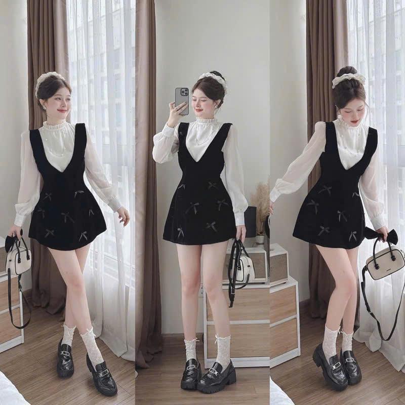  BIGSIZE HIẾU HIẾU  55-95KG  - Set thời trang thu đông Yếm nhung đính nơ + Áo voan tay dài dễ thương S462 