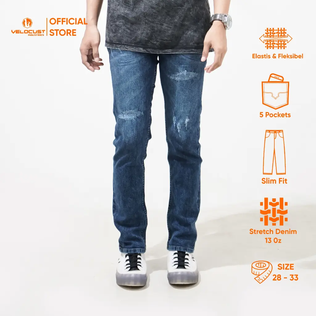 VELOCUST - Celana Panjang Jeans Pria Ripped Laser Slimfit Stretch Fleksibel Denim 13oz Blue Series Tebal  Light Dark