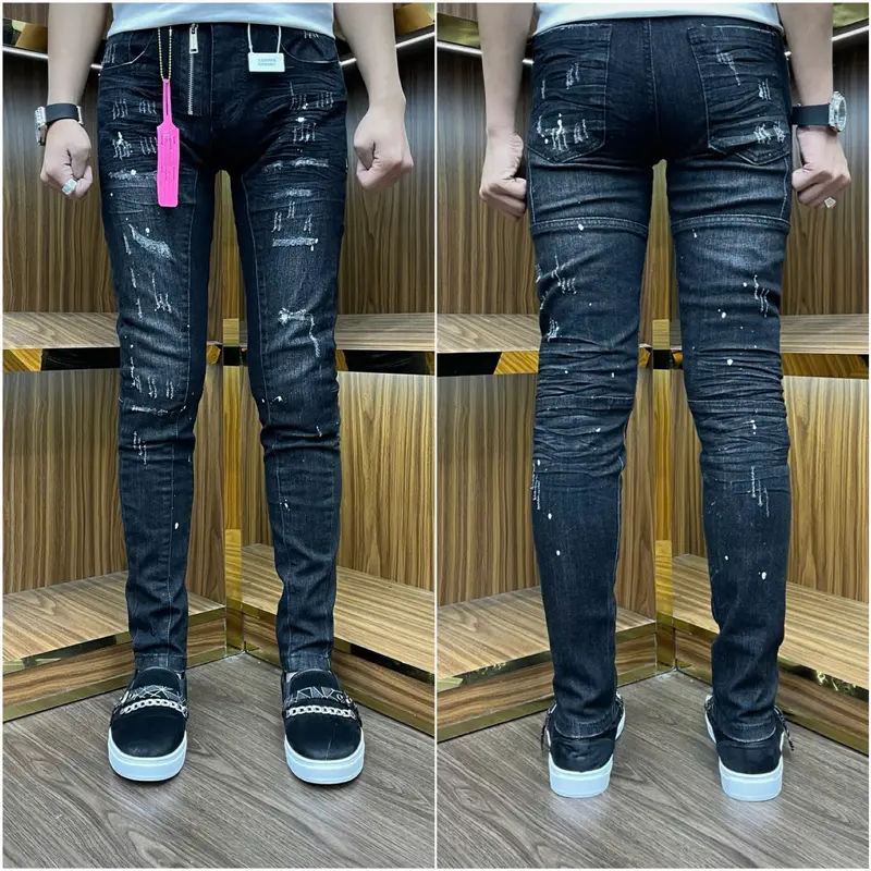 Quần Jeans nam xám bạc rách khóa lệch sước bốn cúc 0