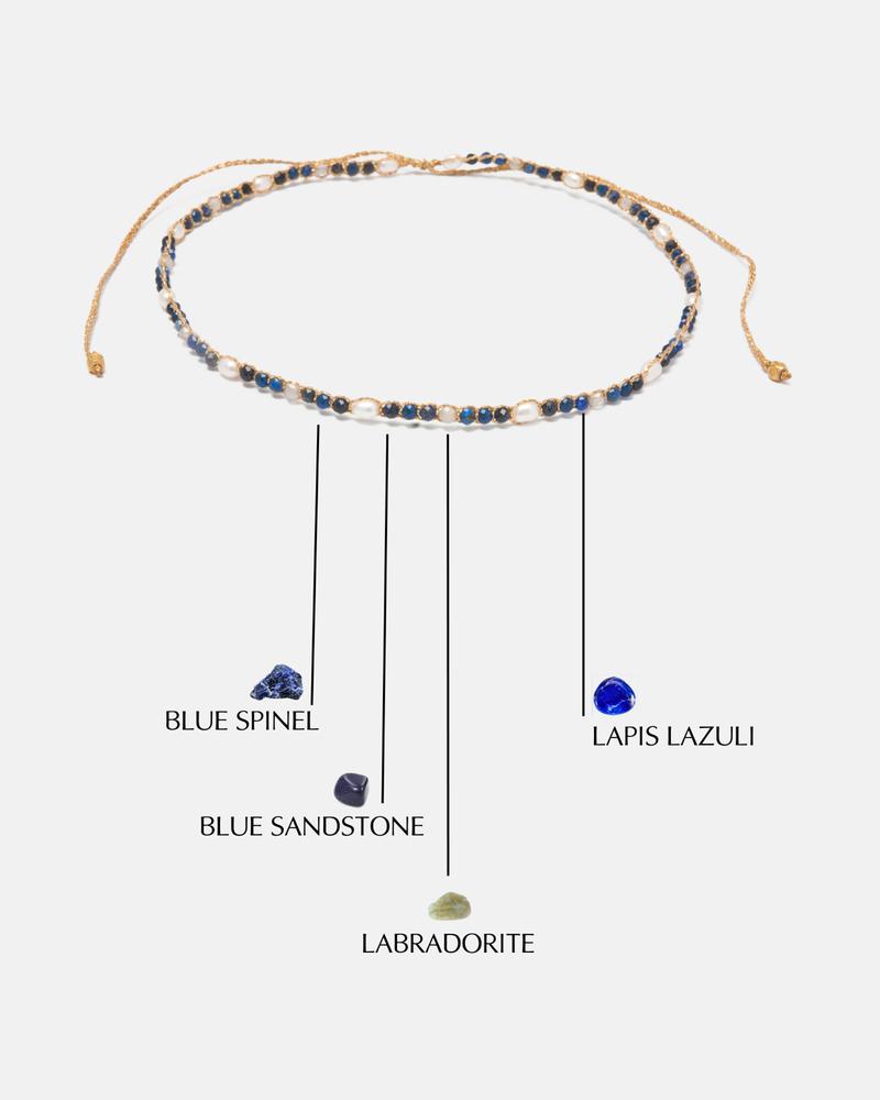 Product Introduction of Sky Choker Tali Warna Gold | Kombinasi gemstones lapis lazuli, blue sandstone, labradorite dan blue spinel dan pearl 2