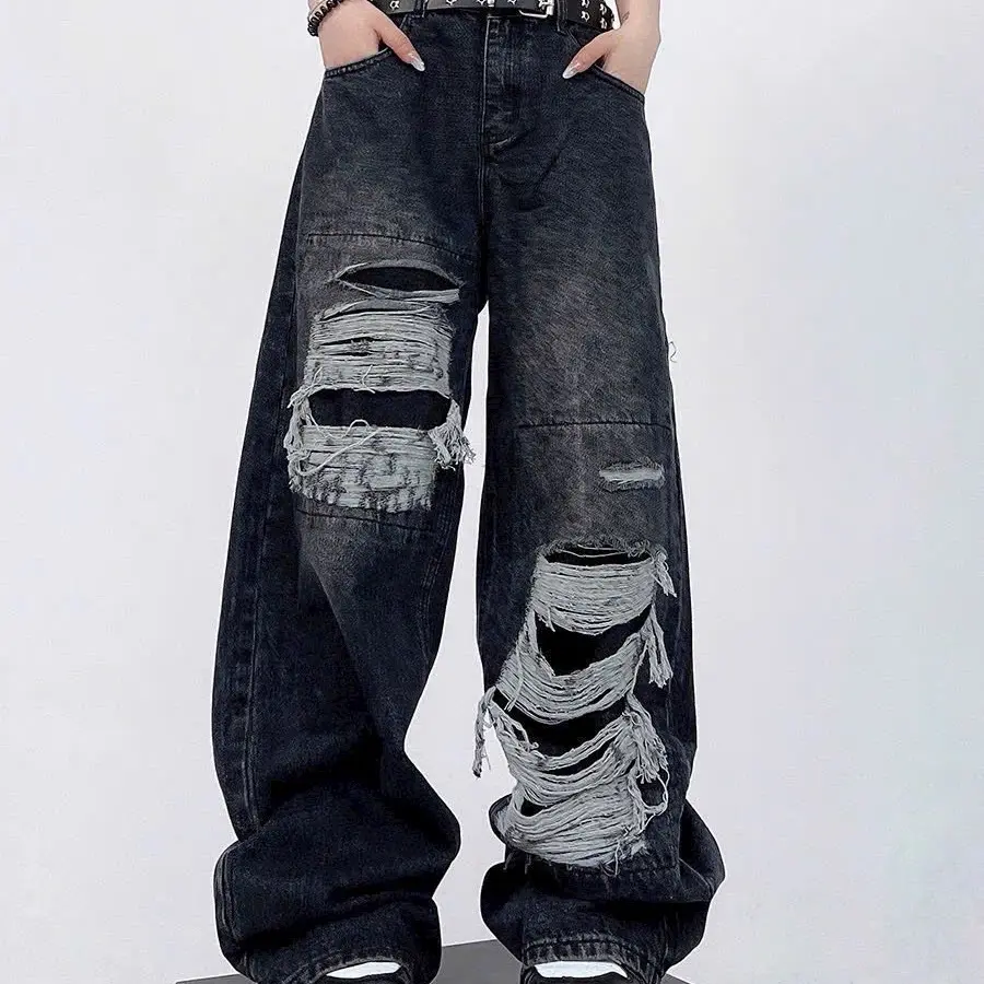 Baggy ống rộng đắp rách trắng màu đen muối tiêu unisex phù hợp cả nam và nữ jean