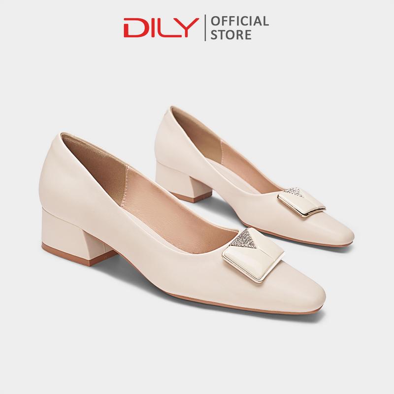  Giày cao gót nữ DILY mũi vuông phối khóa sang trọng giày bít mũi công sở gót vuông cao 3.5cm DL0555 