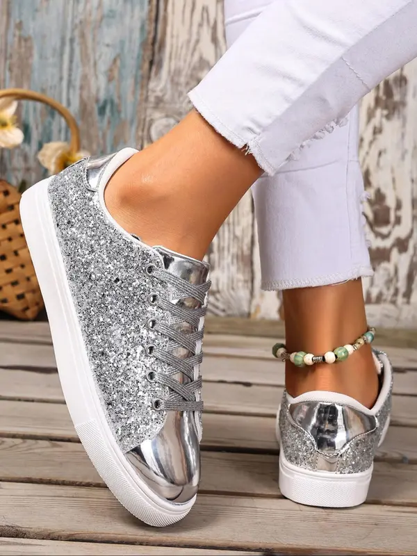 Metallic Sequined Korean Style Shoes, Trendy Casual Footwear for Students, Sparkling PU Leather with Rubber Sole 3